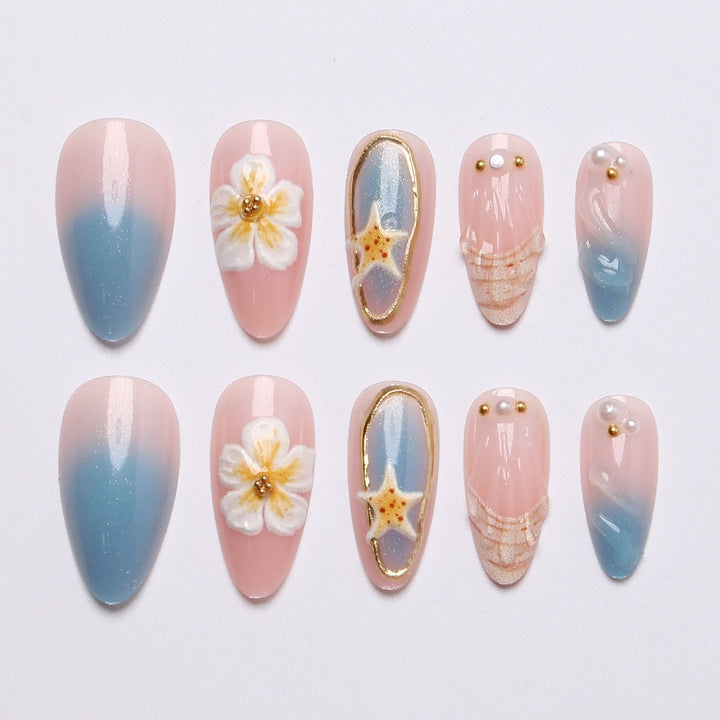 Artistic Seashell and Floral Press-On Nail Art Set Kalsten
