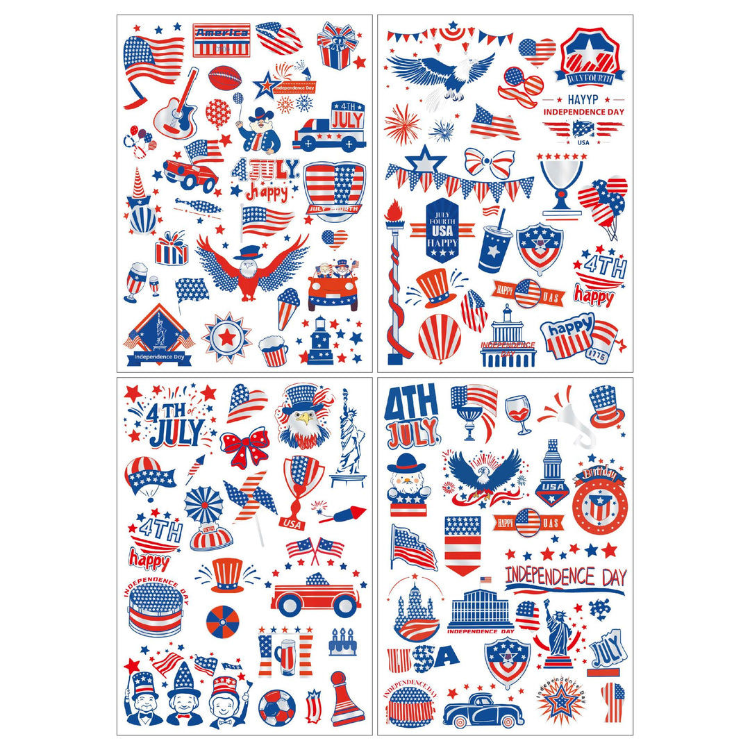 Independence Day illustrated temporary tattoo sheets with assorted patriotic icons skin-safe waterproof Kalsten