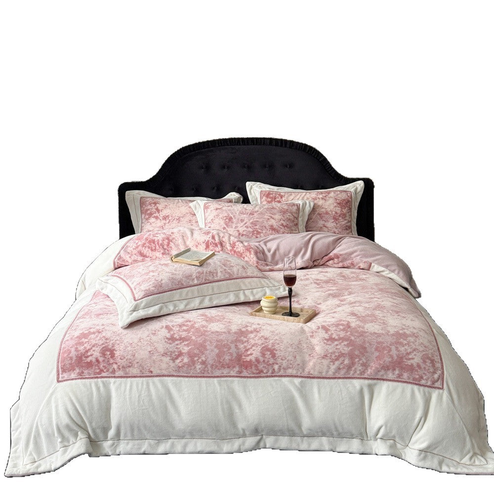 Luxurious velvet bedding set with floral texture and quilted edge