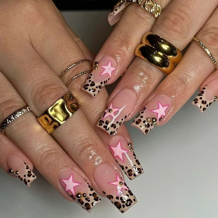 Glamorous Star and Leopard Print Nail Art