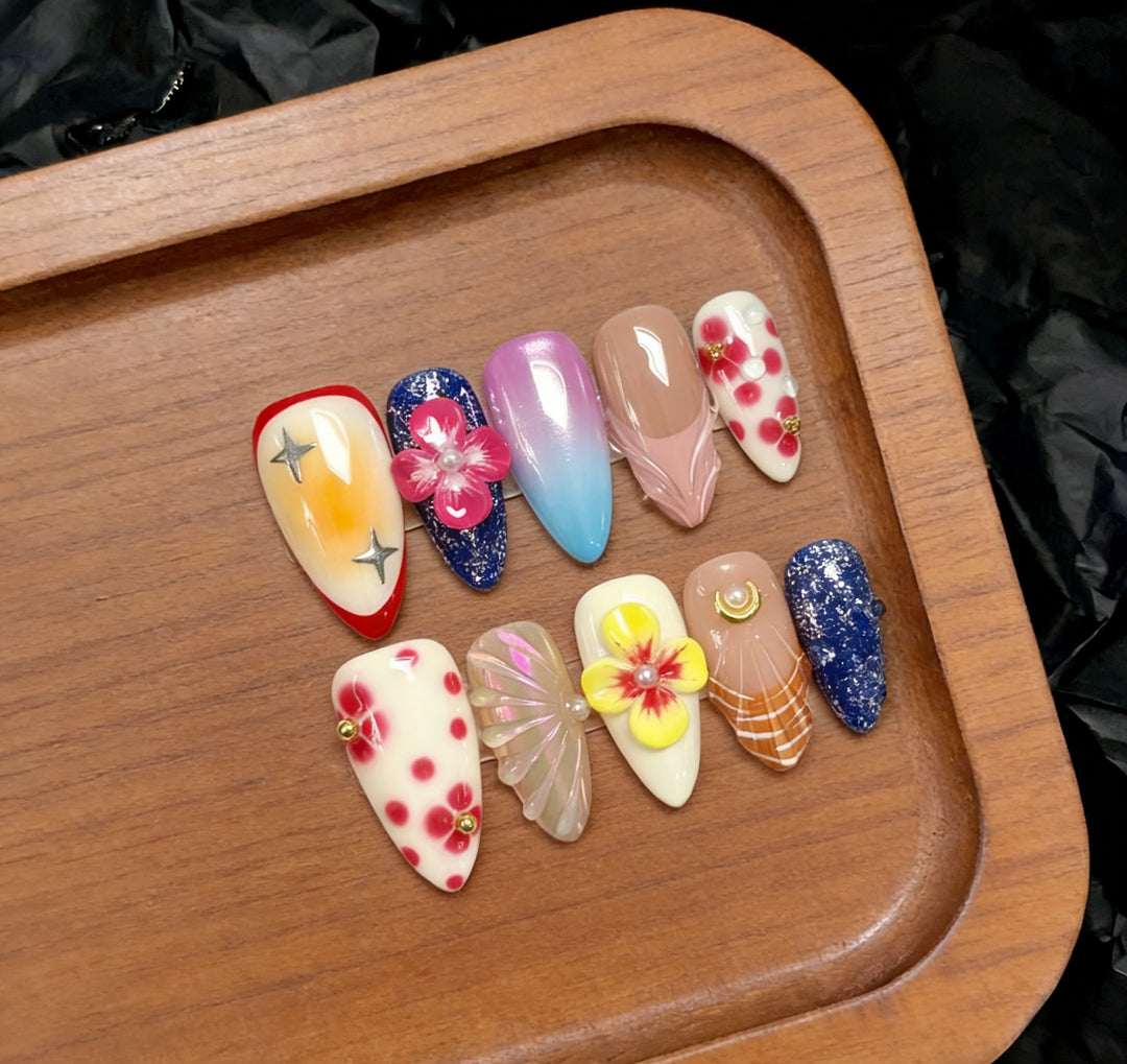 Artistic Press-On Nail Set with Floral and Decorative Accents