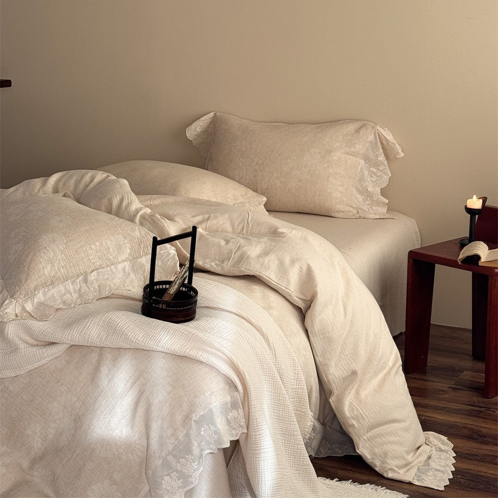Bedding set made of cotton-linen with delicate jacquard texture and lace border