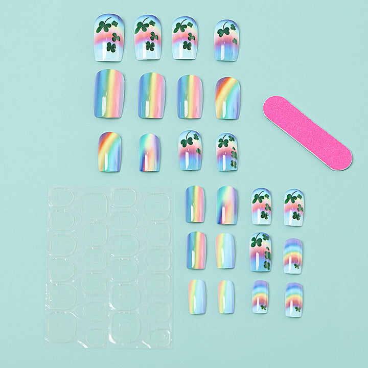 Artificial nails with colorful rainbow and clover leaf designs Kalsten