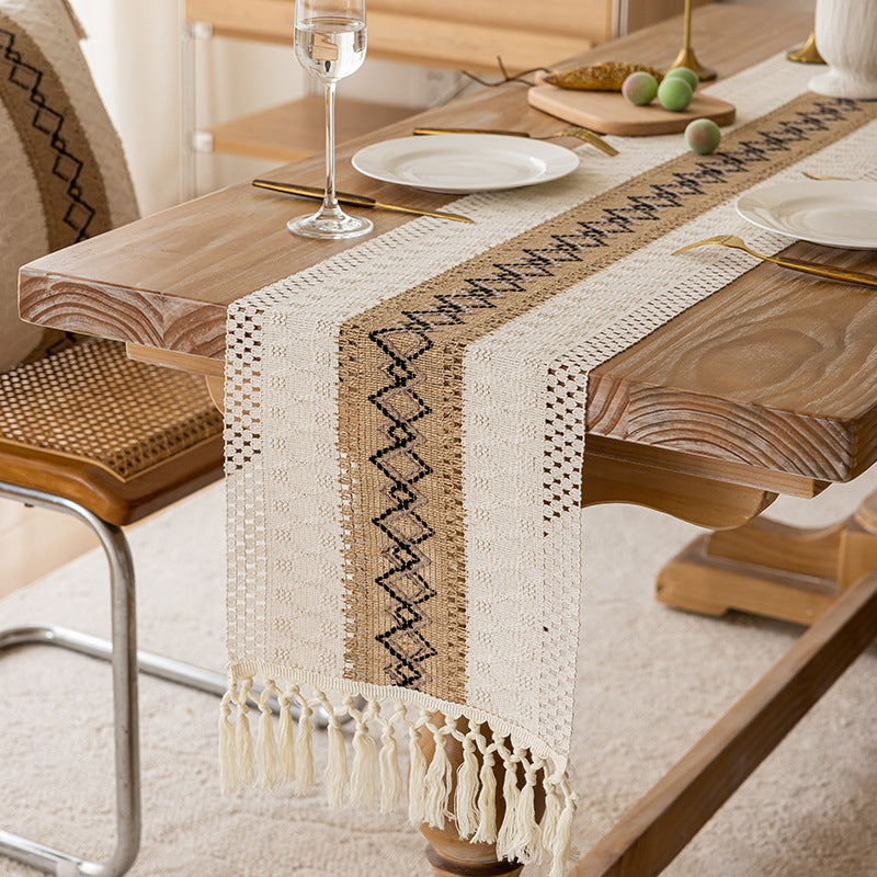 Handwoven Bohemian Cotton Table Runner with Fringe Tassels and Geometric Embroidery