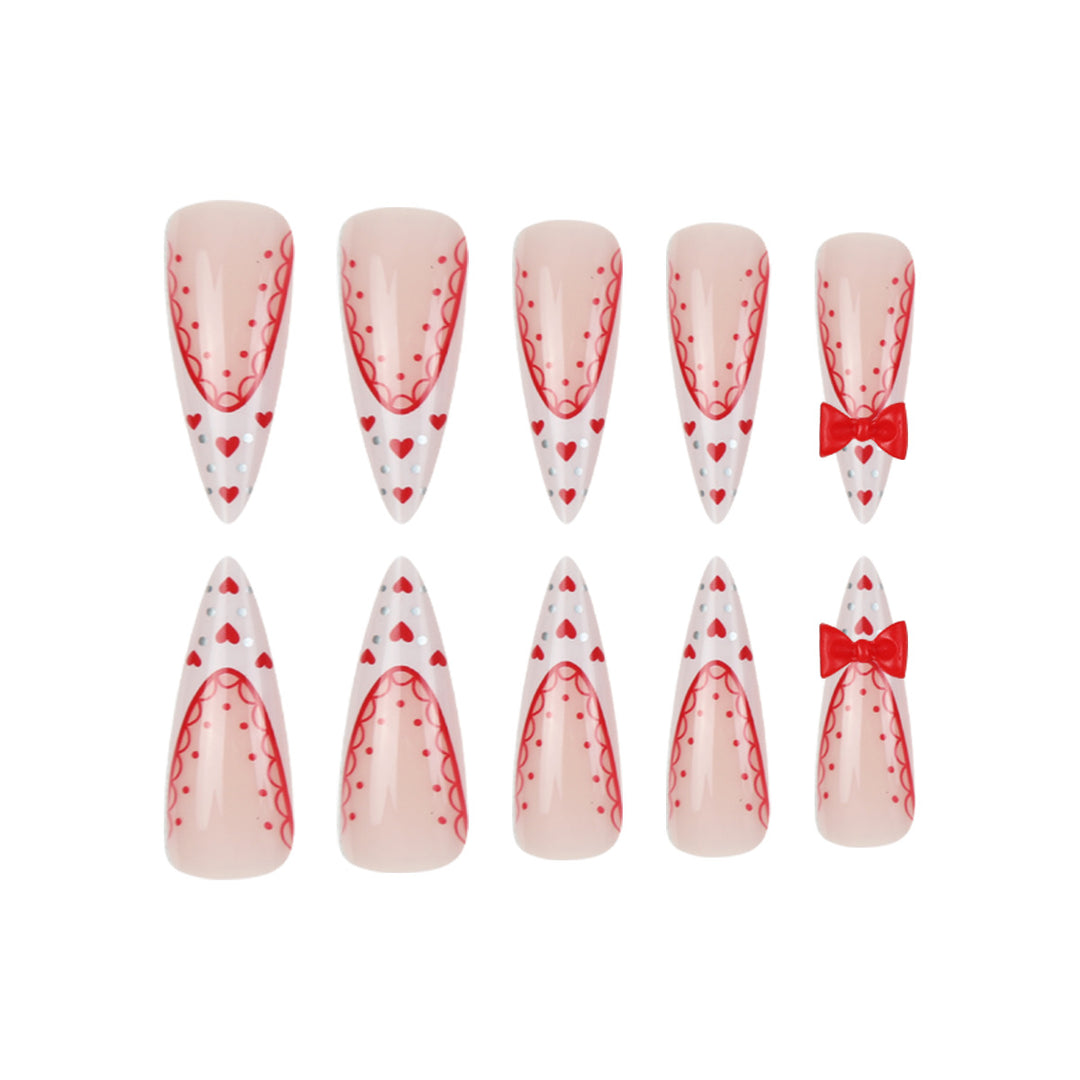 Stiletto Press-On Nail Art Set with Heart and Bow Design Kalsten