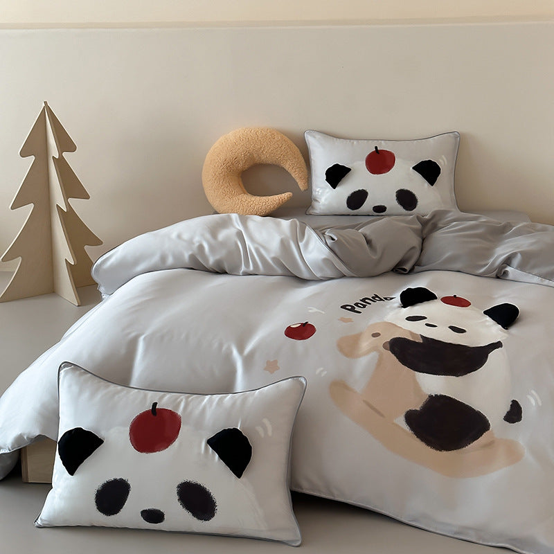 Children's bedding made of silk-matte satin with illustrative panda and apple print as well as fine piping