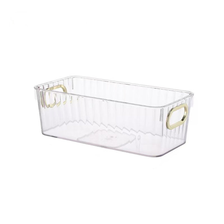 Transparent rectangular storage box with integrated carrying handles and ribbed side structure