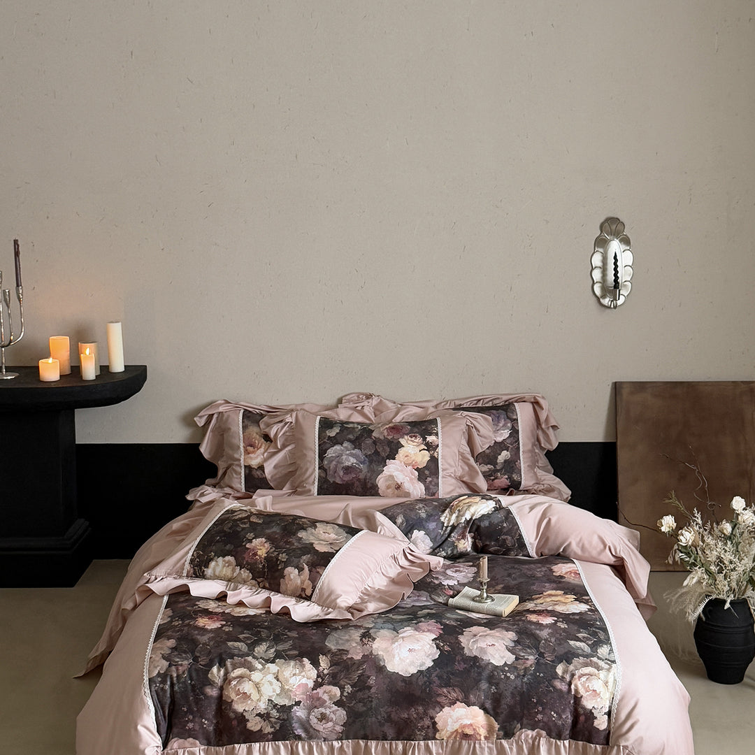 Cotton satin bed linen set with watercolor rose motif, ruffle and decorative trim
