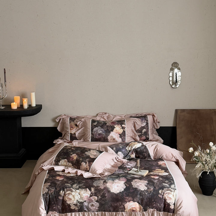 Cotton satin bed linen set with watercolor rose motif, ruffle and decorative trim