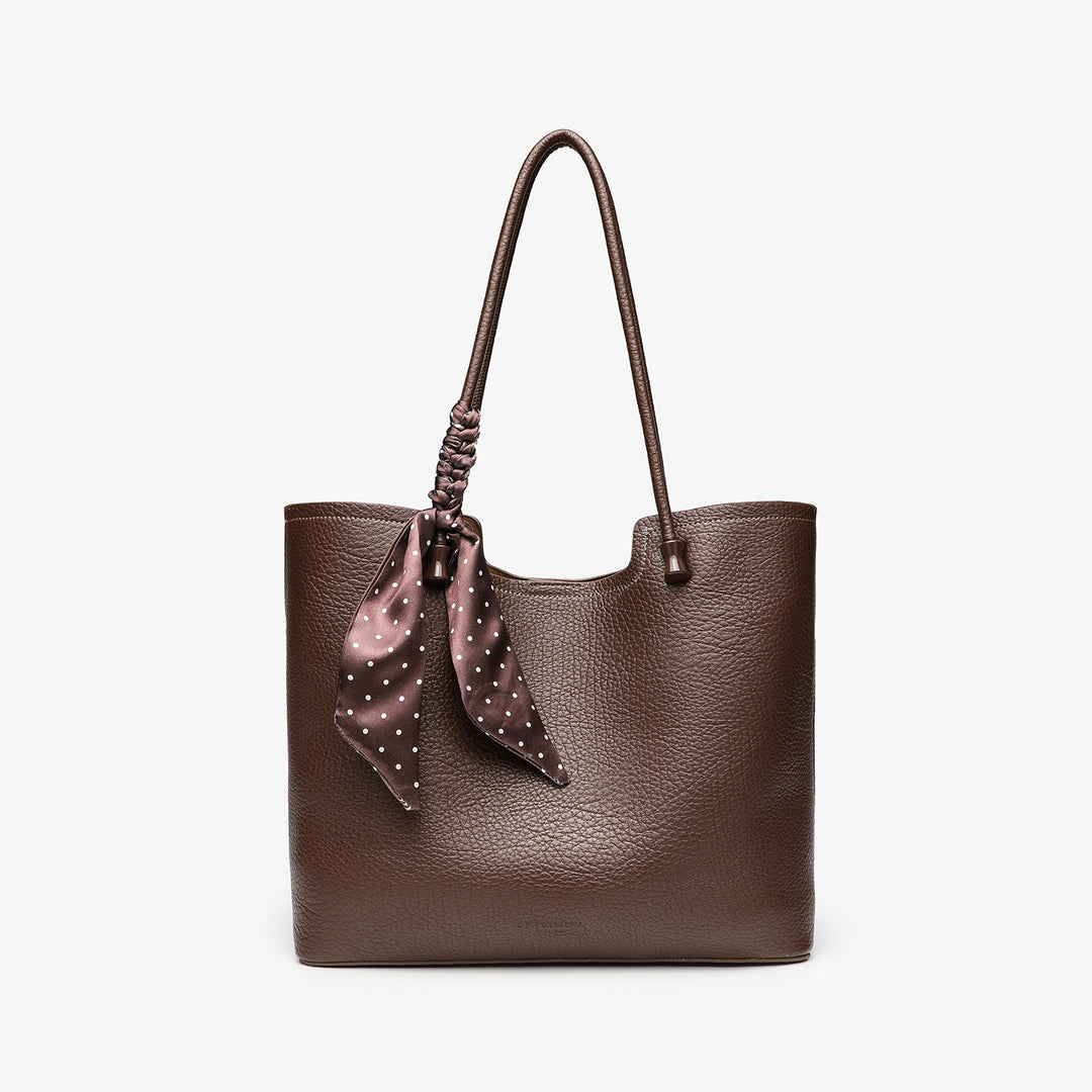 Elegant Leather Tote Bag with Decorative Scarf