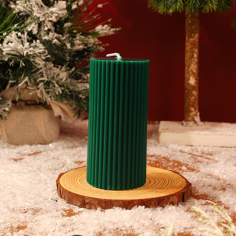 Ribbed Column Pillar Candle with Glass Pedestal Holder