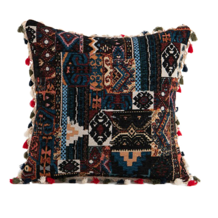 Decorative Bohemian Patchwork Tapestry Throw Pillow Cover with Pom-Pom Tassel Trim