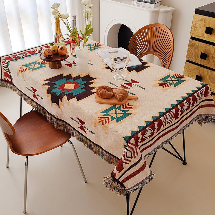 Round Textured Waffle-Weave Fringe Tablecloth with Tassel Edge