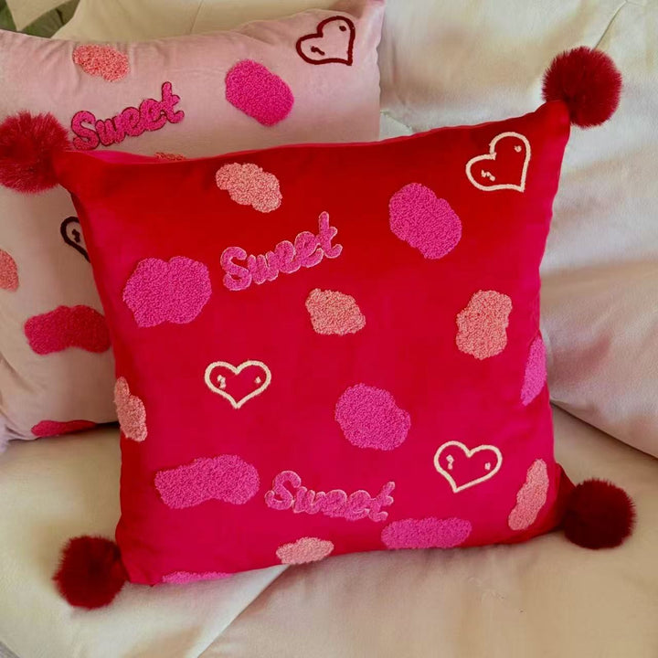 Colorful Chenille Tufted Square Throw Pillow with Plush Pom-Pom Corners and Removable Insert