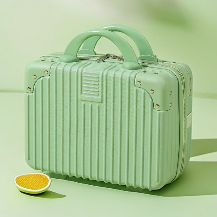 structured hard-shell vanity travel case with faux-leather corner reinforcements and dual top handles Kalsten