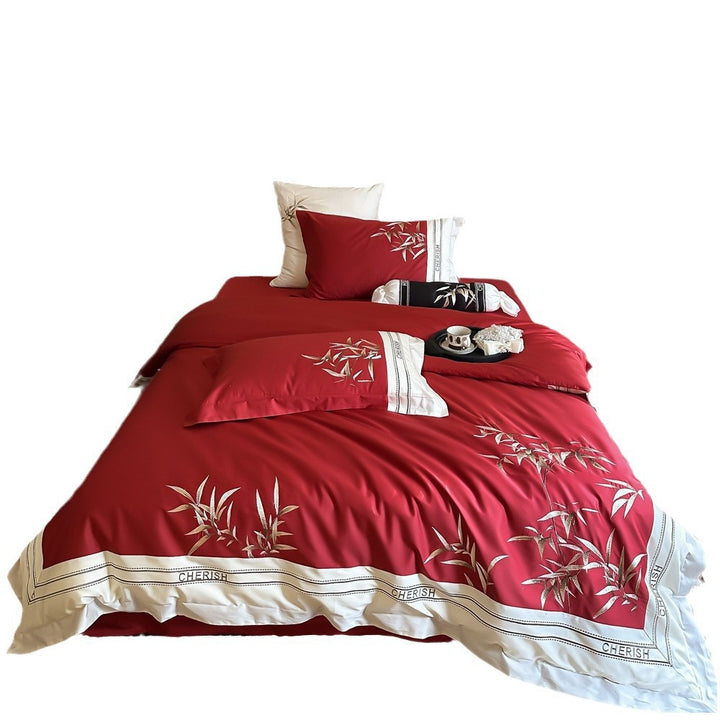Duvet cover set made of cotton satin with embroidered bamboo motif, fine border & decorative roll cover