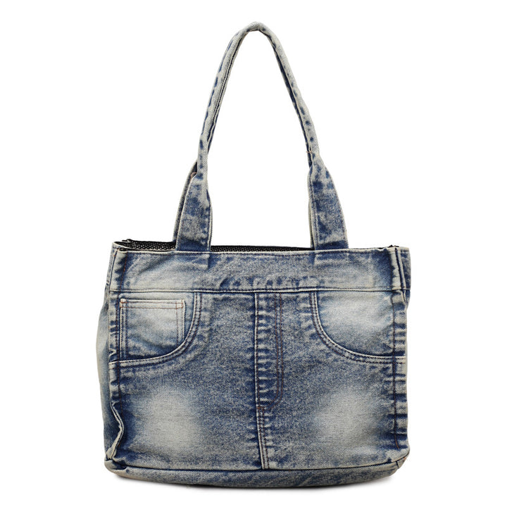 Denim-Inspired Multi-Pocket Tote Bag