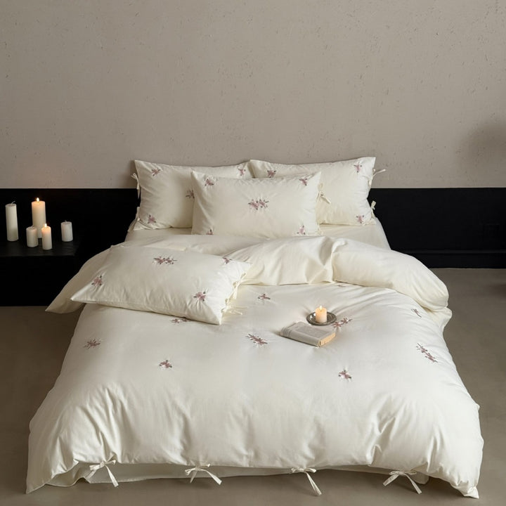 High-quality cotton bedding set with embroidered floral accents