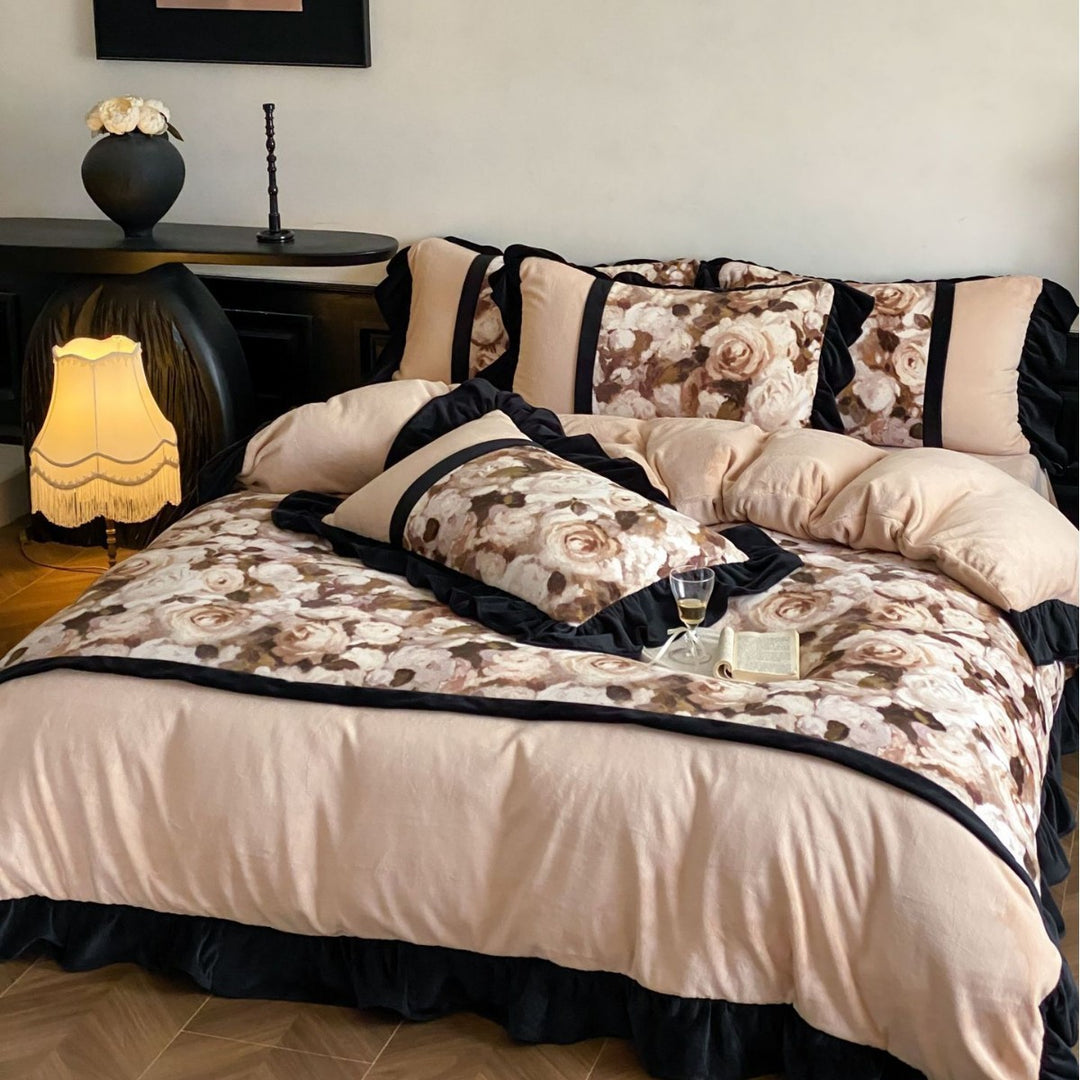 Romantic bedding set with ruffle, floral jacquard insert, and decorative ribbons