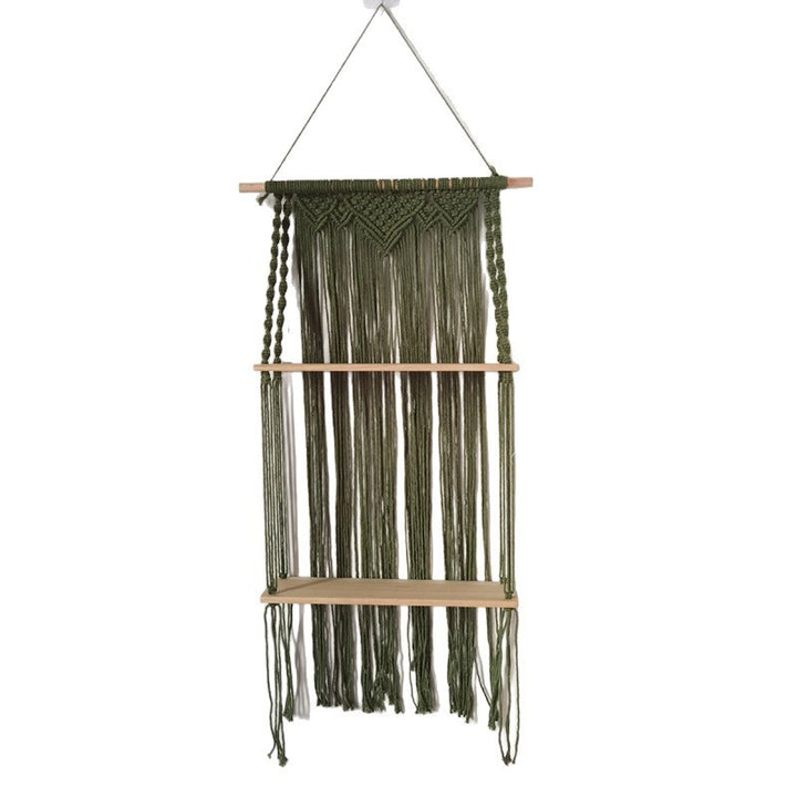 Macrame Hanging Wall Shelf Organizer With Tiered Wooden Ledges And Decorative Fringe