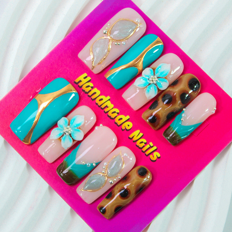 Artificial Nails Set with Handmade Glitter and Flower Designs Kalsten