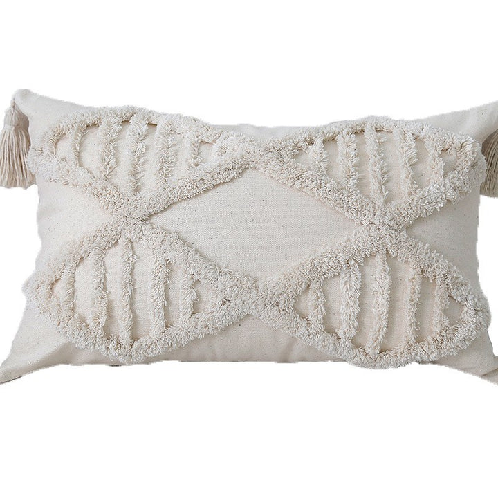 Bohemian Tufted Cotton Lumbar Throw Pillow with Clustered Fringe Texture and Corner Tassels