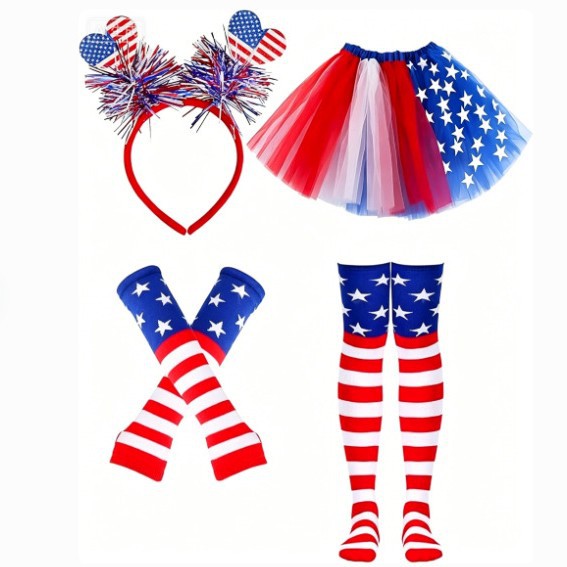 Women's patriotic carnival costume set with layered tulle skirt elastic waistband bow hairband thigh-high stockings and arm warmers Kalsten