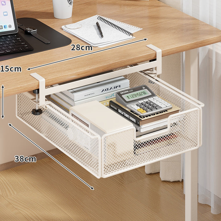 Clamp-On Under-Table Sliding Mesh Drawer with Adjustable Rail and Ventilated Metal Basket