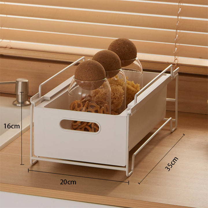 Kitchen storage box and sink organizer with adjustable frame
