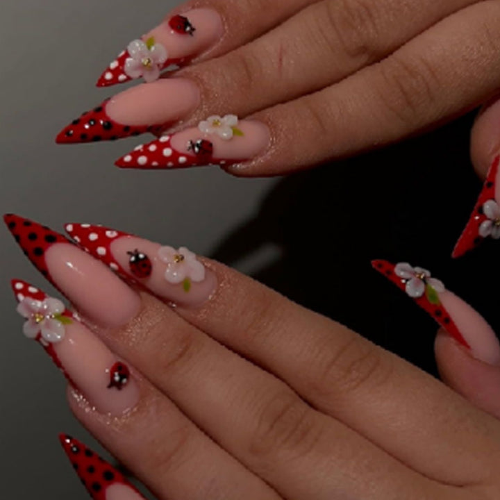 Artistic Press-On Nails with Floral and Polka Dot Design Kalsten
