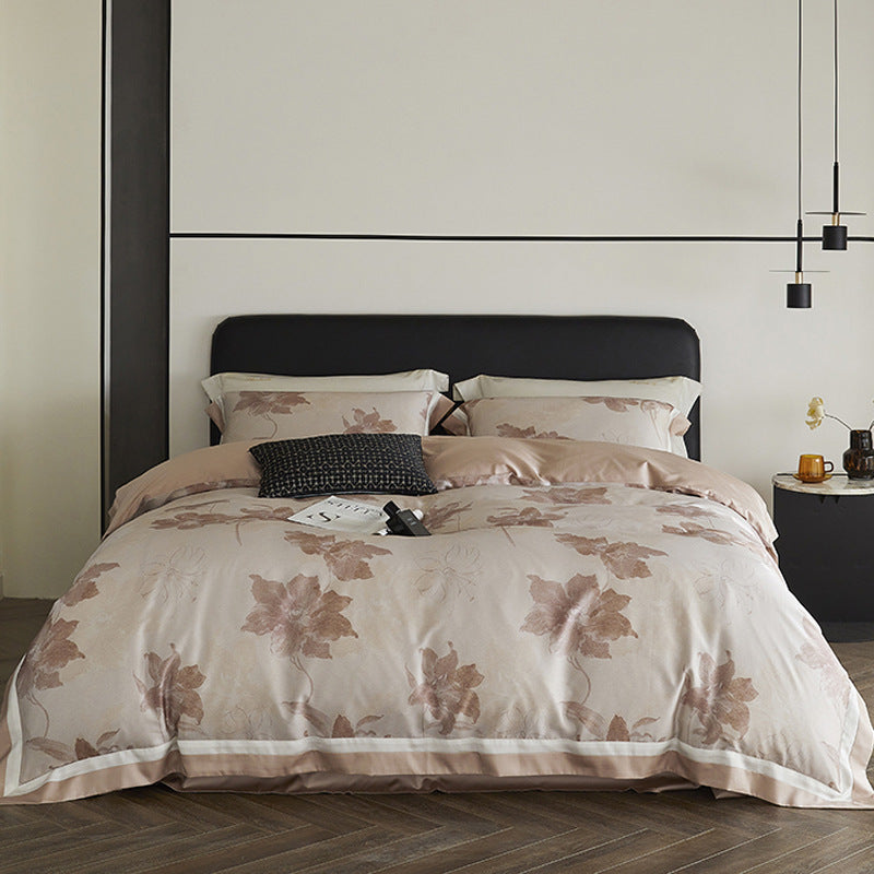 Bedding set made of cotton satin with large floral print and fine hem