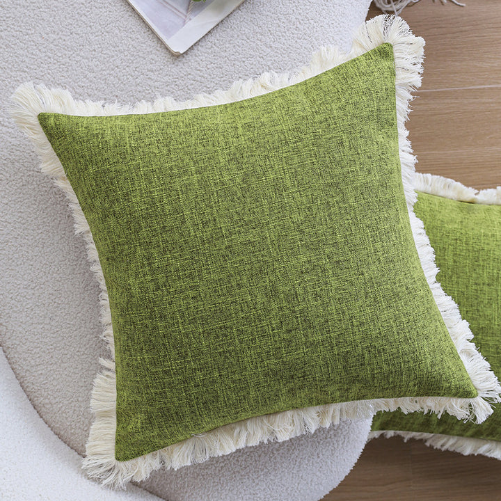 Rectangular cushion cover with woven linen look and decorative fringed edge Kalsten