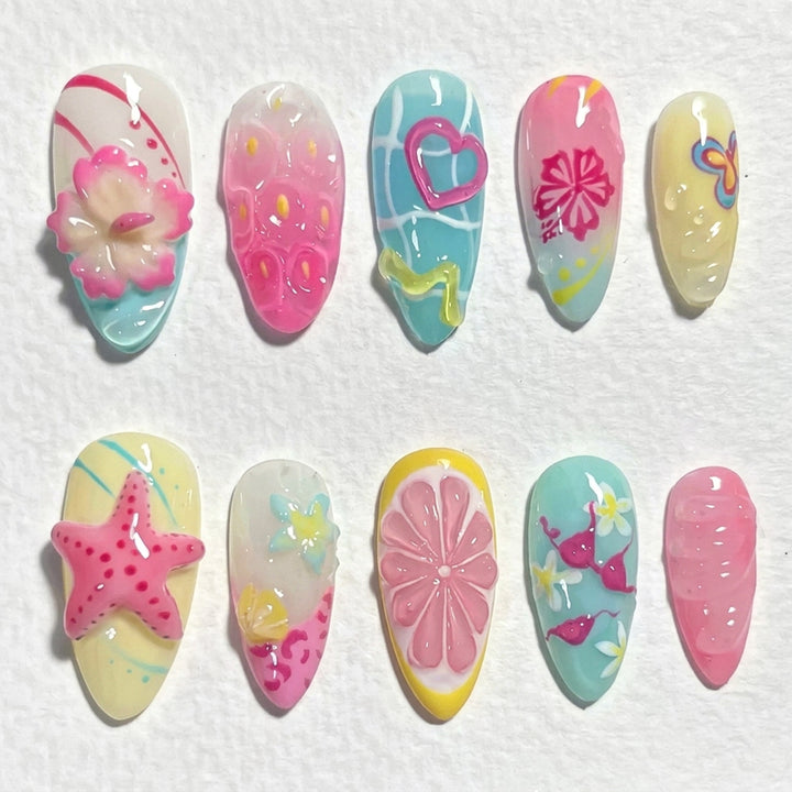 Vibrant Ocean-Themed Press-On Nail Art Set