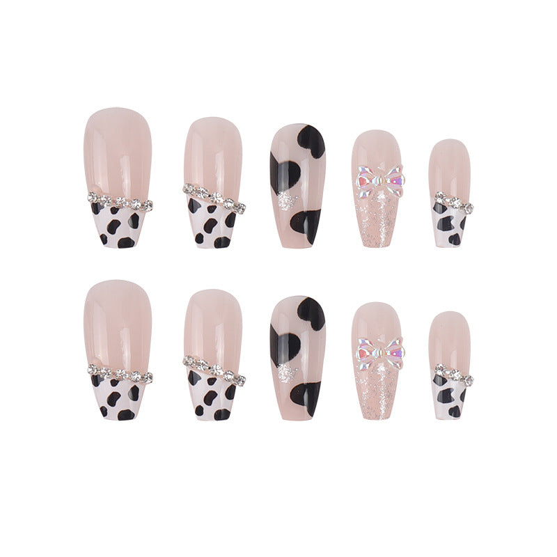 Cow Print Press-On Nails with Bow and Glitter Accent Kalsten