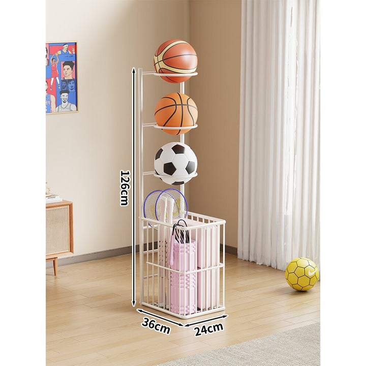 Vertical Rolling Sports Ball Organizer with Multi-Tier Cradles and Bottom Storage Basket