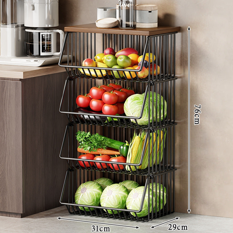Slim Vertical Rolling Wire Produce and Pantry Organizer Cart with Wood Top