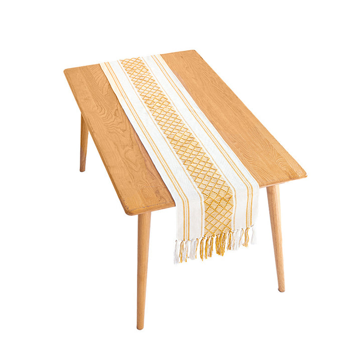 Handwoven cotton table runner with ethnic diamond pattern and fringes Kalsten