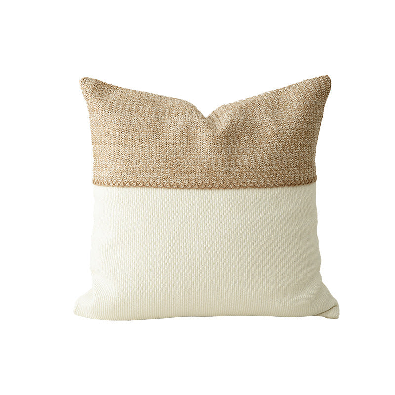 Square decorative pillow with two-tone knit and linen fabric