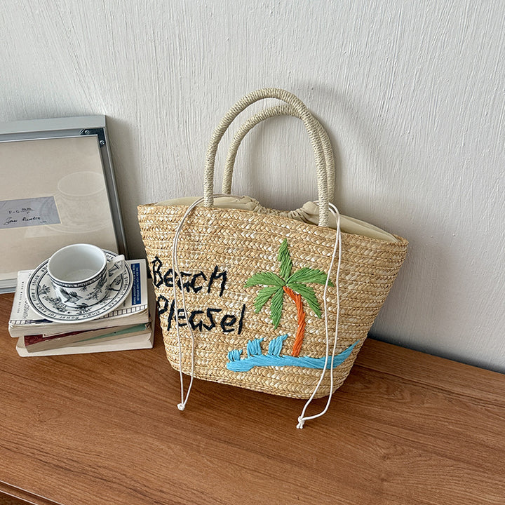 Embroidered Straw Market Tote
