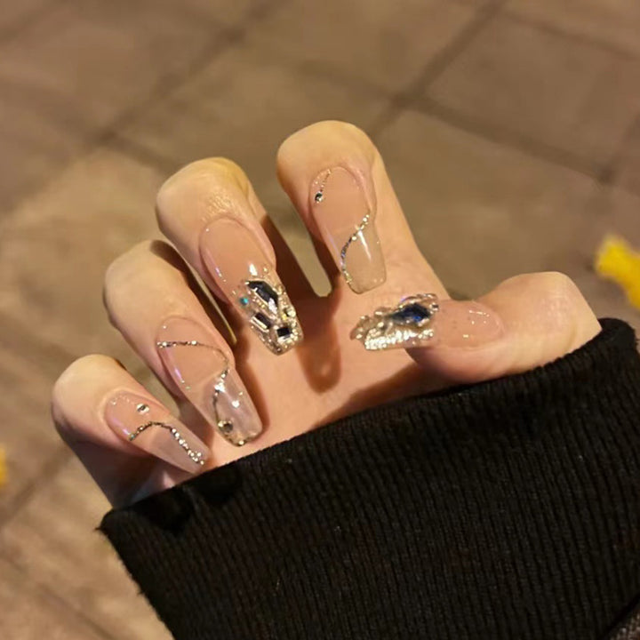 Premium Long Coffin Press-On Nails with Rhinestone Accents