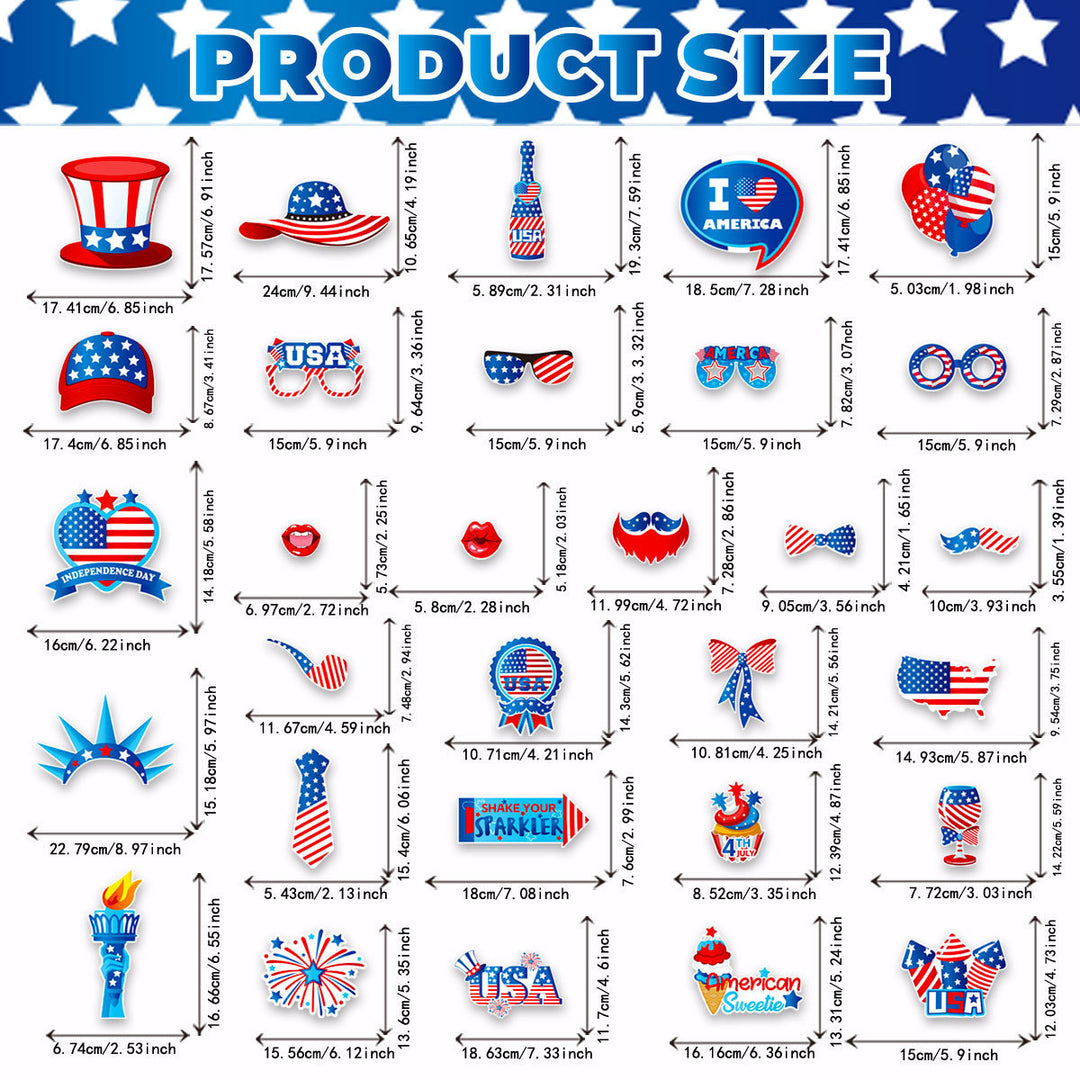 Unisex photo props set with self-adhesive USA-themed stickers, wooden sticks, and adhesive pads Kalsten