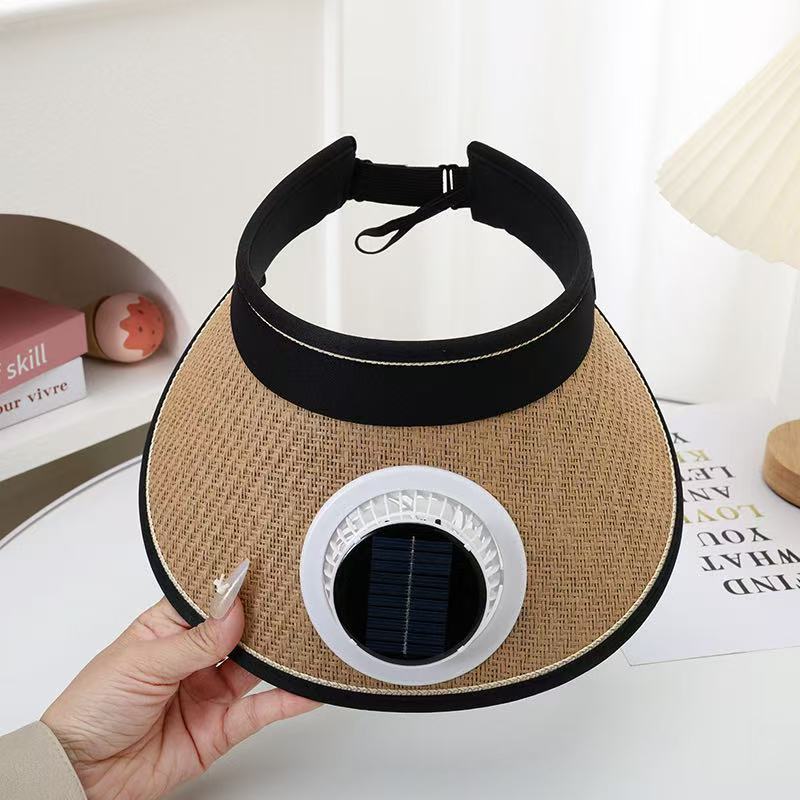 Foldable straw hat visor with integrated solar fan, adjustable neck strap, and breathable sweatband Kalsten