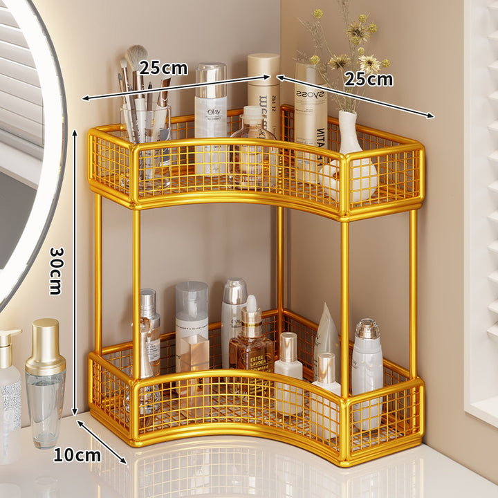 Curved Corner Triple-Tier Metal Mesh Vanity and Countertop Organizer
