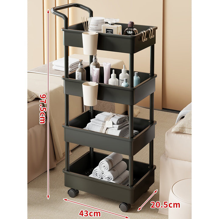 Compact Two-Tier Rolling Storage Cart with Integrated Handle and Accessory Hooks