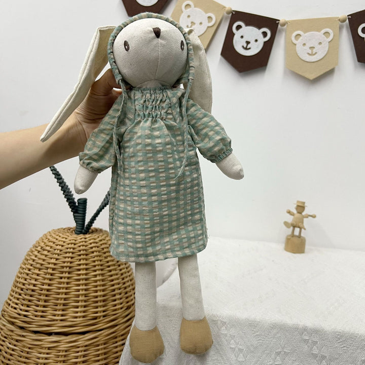 Soft Vintage-Style Long-Eared Fabric Bunny Doll in Checked Overalls
