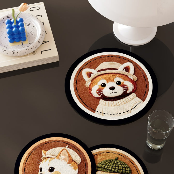 Round Embroidered Faux-Leather Drink Coaster Set with Non-Slip Backing