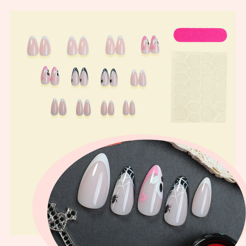 Halloween-Themed Press-On Nail Art Set with Spider and Ghost Designs