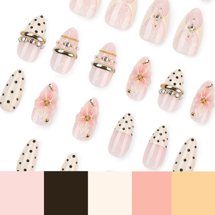 Artful Nail Extensions with Elegant Floral and Glitter Accents Kalsten