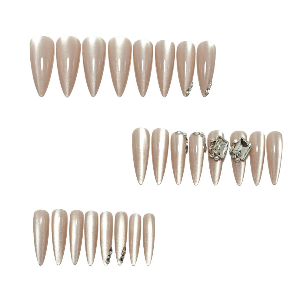 Luxury nude-style artificial nails with 3D stone decorations Kalsten