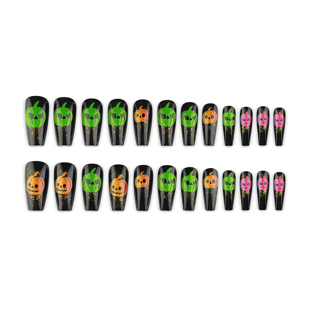 Halloween-style artificial nails with graphic pumpkin designs Kalsten